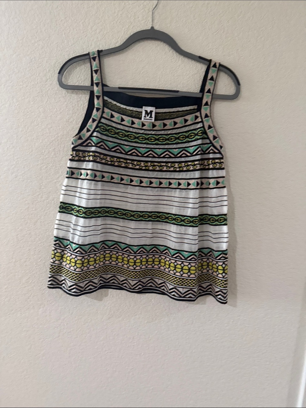 M by Missoni size 46 White Tank Top with Black, Green & Yellow Geometric Print